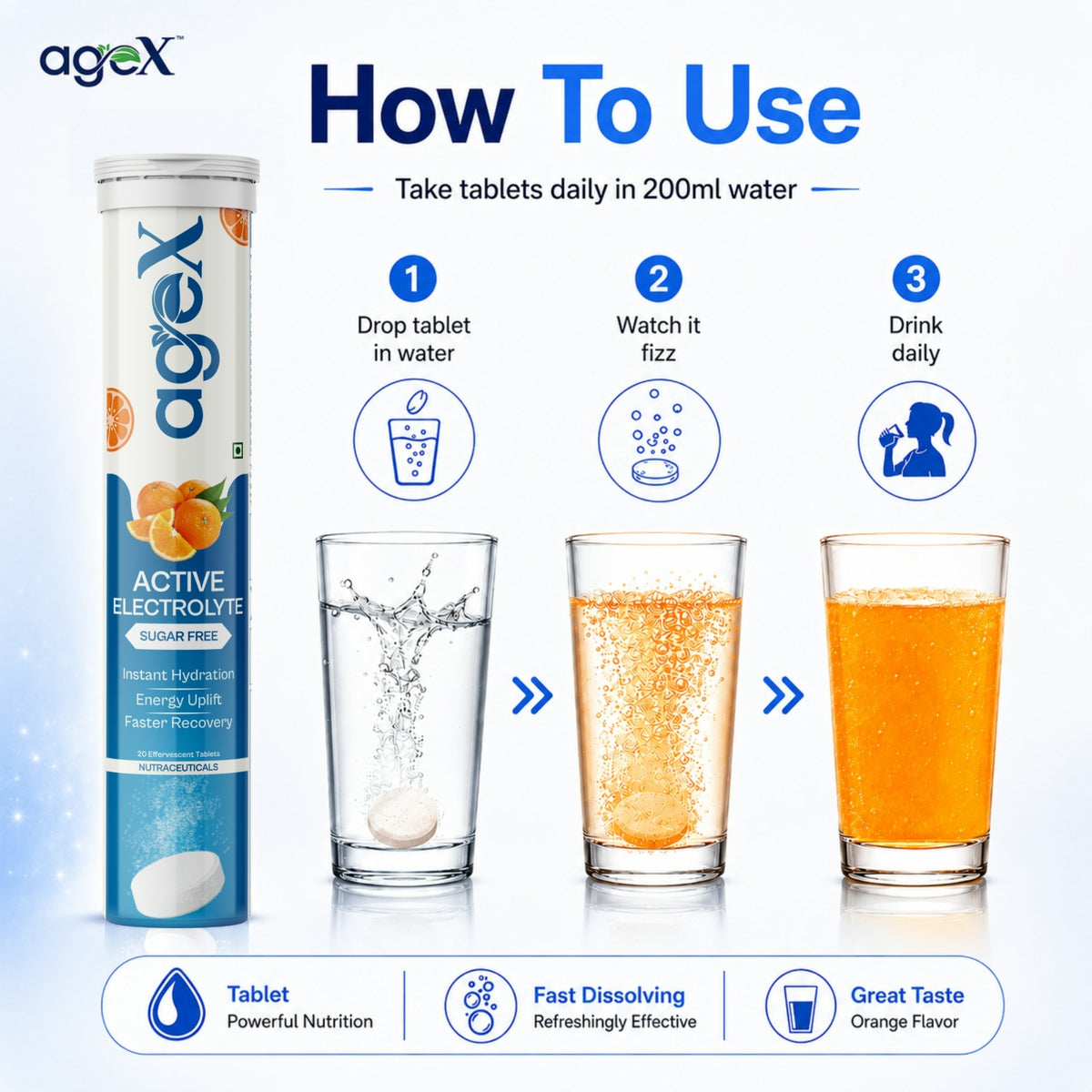 AgeX Electrolyte Tablets - Zero Sugar Rapid Hydration | Tangy Orange