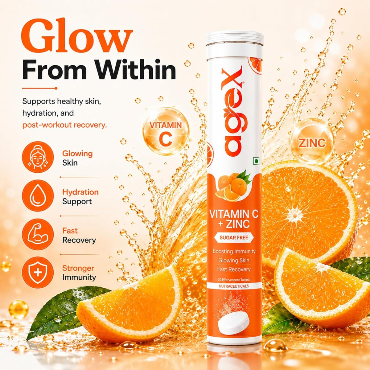 AgeX Vitamin C + Zinc Tablets - 1000mg Immunity Booster
