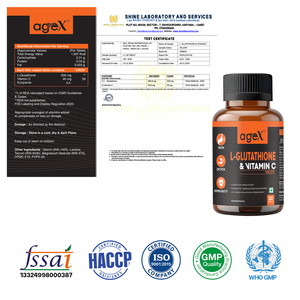 AgeX L-Glutathione 500mg + Vitamin C - Skin Brightening