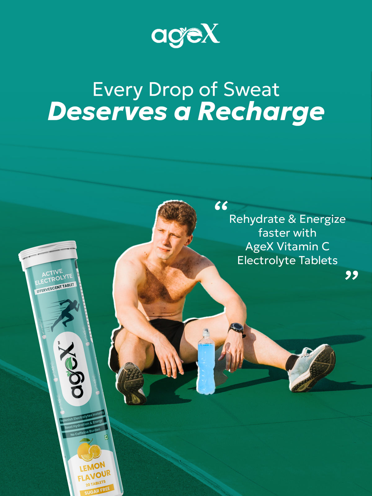 AgeX Active Electrolyte Tablets, Lemon Flavour, Sugar-Free, 20 Effervescent Tablets