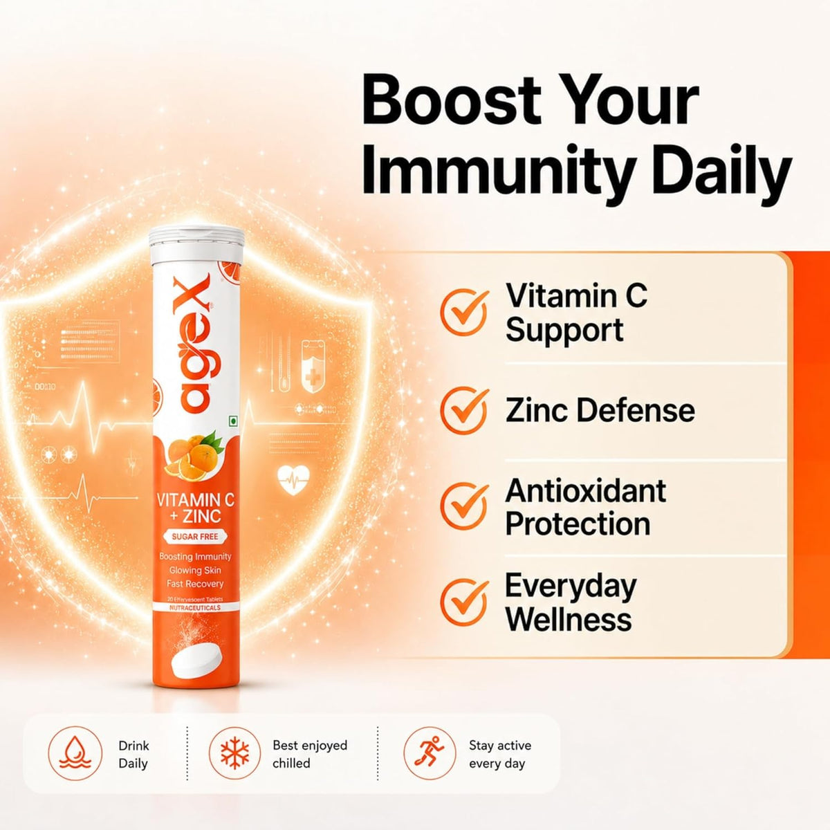 AgeX Vitamin C + Zinc Tablets - 1000mg Immunity Booster