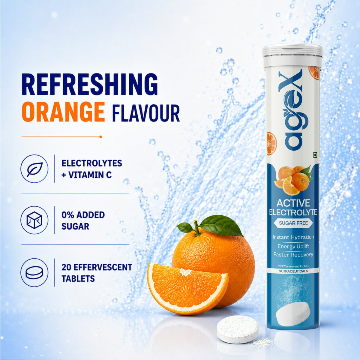 AgeX Electrolyte Tablets - Zero Sugar Rapid Hydration | Tangy Orange