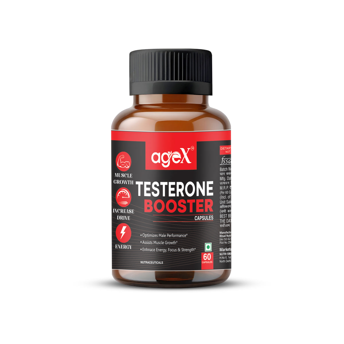AgeX Natural Testosterone Booster Capsules with Tongkat Ali, Fenugreek & L-Arginine for Stamina, Strength & Male Vitality – 60 Vegetarian Softgels