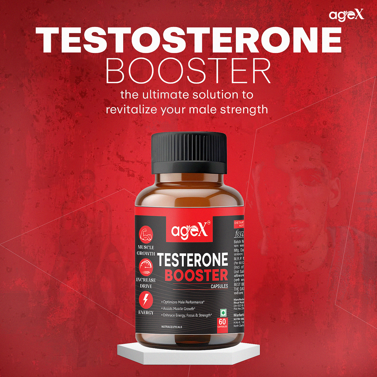 AgeX Natural Testosterone Booster Capsules with Tongkat Ali, Fenugreek & L-Arginine for Stamina, Strength & Male Vitality – 60 Vegetarian Softgels