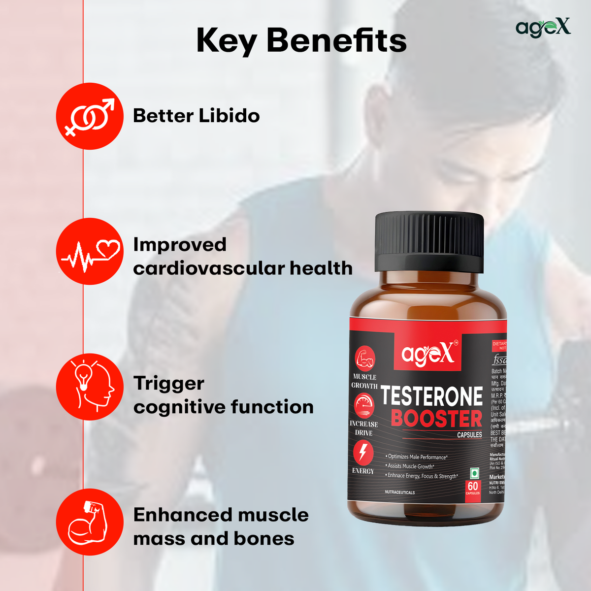 AgeX Natural Testosterone Booster Capsules with Tongkat Ali, Fenugreek & L-Arginine for Stamina, Strength & Male Vitality – 60 Vegetarian Softgels