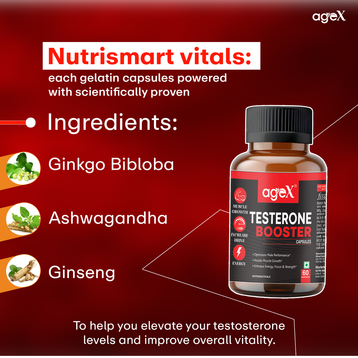 AgeX Natural Testosterone Booster Capsules with Tongkat Ali, Fenugreek & L-Arginine for Stamina, Strength & Male Vitality – 60 Vegetarian Softgels