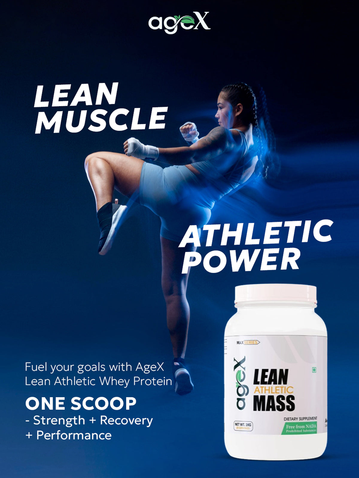 AgeX 100% PURE Lean Athletic Mass: Muscle defining Soy Protein Isolate with Lean Protein 26g blended with high quality Dextrine, and probiotic enzymes for Lean muscle building and recovery | About 28 servings per container| Net. Wt 1 Kg