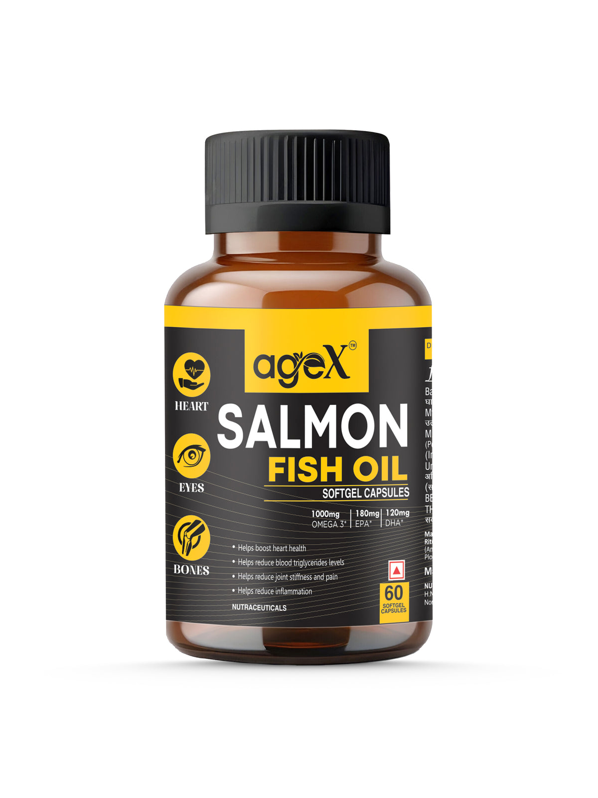AgeX Omega-3 Fatty Acid 60 Softgel Capsules – 180 mg EPA + 120 mg DHA | Heart, Brain, and Joint Health | Pure Salmon Fish Oil for Men & Women