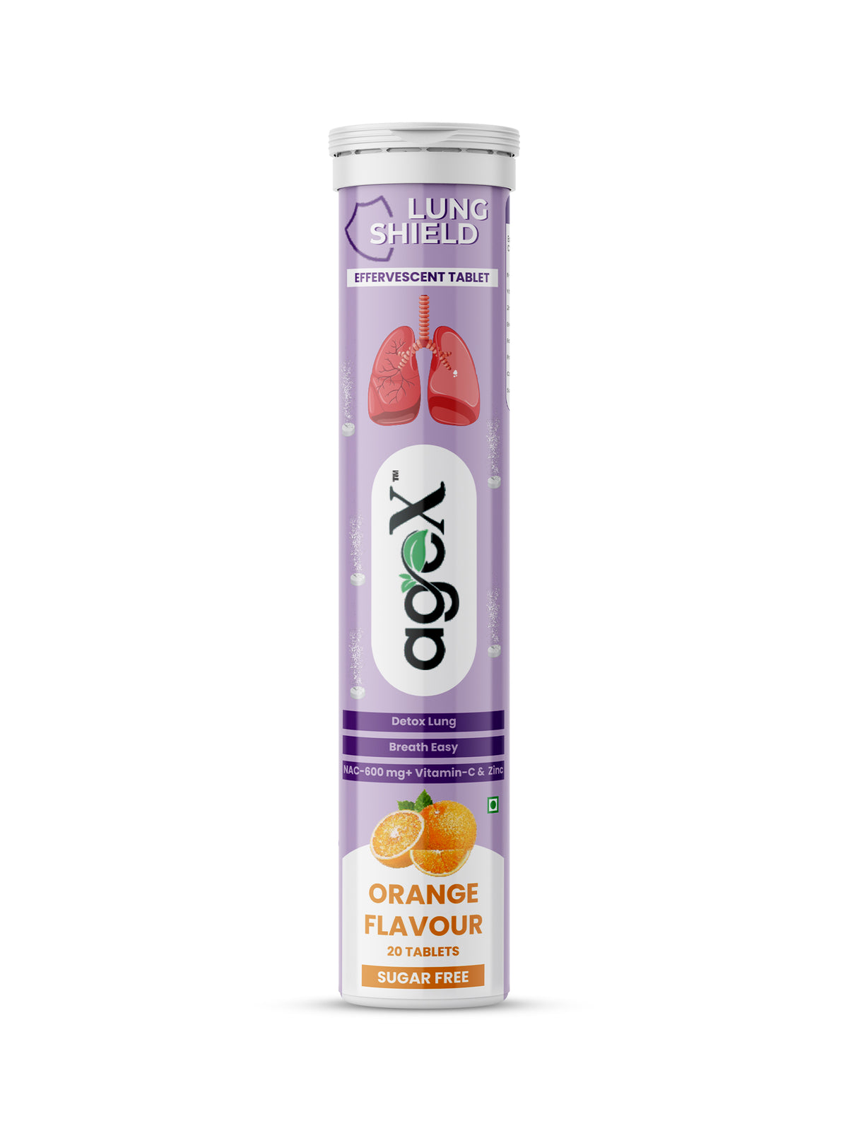 Agex Lung Shield Effervescent Tablets, Orange Flavour, Sugar-Free, 20 Tablets, NAC-600mg with Vitamin C and Zinc