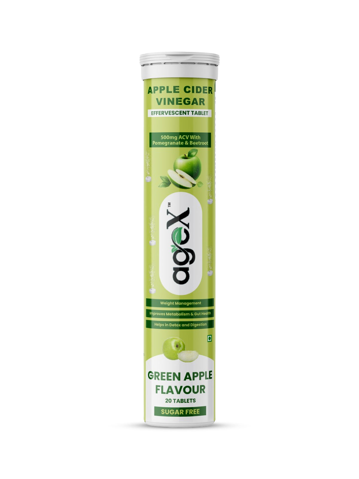 AgeX Apple Cider Vinegar Effervescent Tablets, Green Apple Flavour, Sugar-Free, 500mg ACV with Pomegranate & Beetroot, 20 Tablets