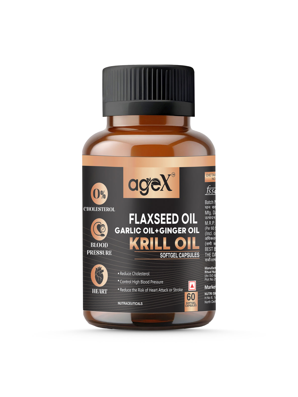 AgeX Flex Power Capsules: Flax Seed, Garlic, Ginger & Krill Oil - 60 Softgel Capsules | Nutritional Powerhouse for Vitality and Well-being | Immunity Boosters, Heart Health Supplement for Adults Men & Women